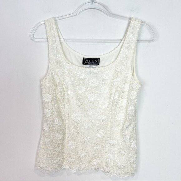 ALEX EVENINGS OFF-WHITE FLORAL LACE SLEEVELESS TANK TOP CAMI BLOUSE MEDIUM - Picture 1 of 4